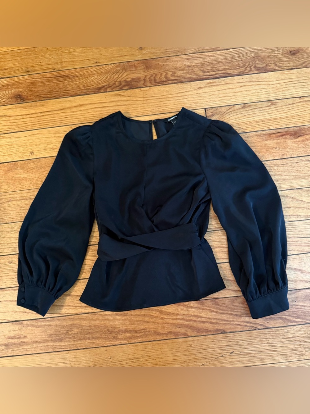 Express Black Puff-Sleeve Wrap-Style Blouse